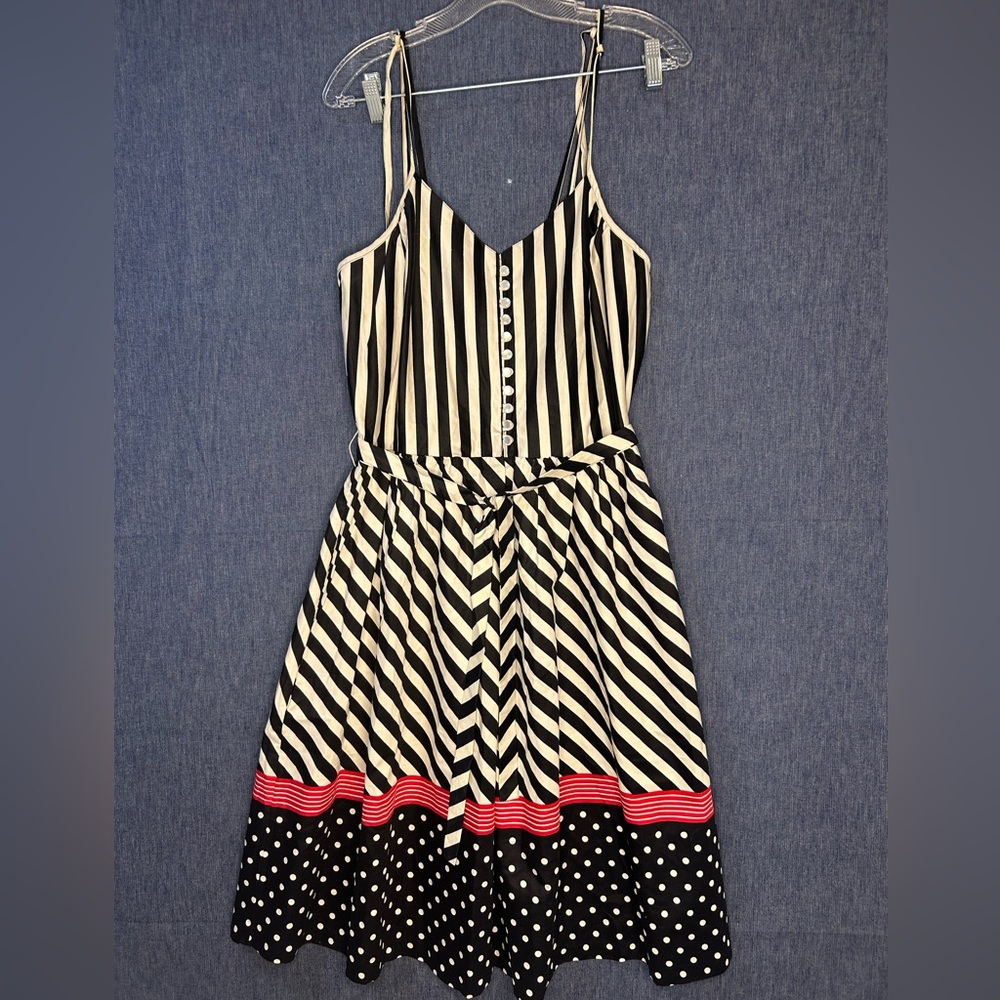 Altogether black and White Striped Spaghetti Strap Dress with Red Accent